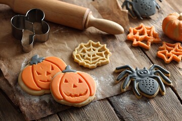 Assortment of festive holiday cutout cookies with baking tools displayed on rustic wood