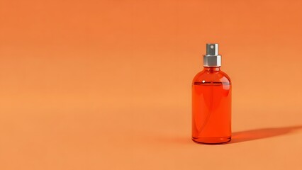 Orange cosmetic spray bottle on orange background glass bottle silver cap