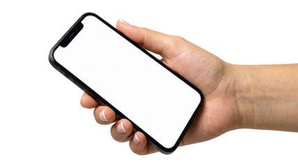Hand holding smartphone with blank screen in modern minimalist style with soft natural lighting on isolated white background for mobile app design