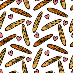 Vector seamless pattern with hand drawn bakery items for cafe decor, food packaging and rustic kitchen design.