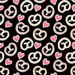 Vector seamless pattern with hand drawn bakery items for cafe decor, food packaging and rustic kitchen design.