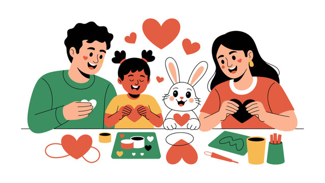 Family Crafting Together: A happy family engaged in crafting together, creating heart-shaped crafts, showcasing a scene of joy and familial bonds.