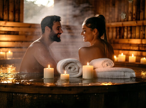 Benessere fisico e mentale, salute e relax, giovane coppia nella sauna o spa di un centro benessere