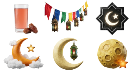 Ramadan Celebration Icons: Dates, Drink, Lanterns, Moon, Star, Bunting