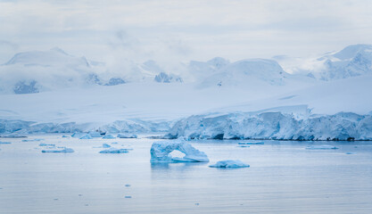 Fototapeta premium Wilhelmina Bay Antarctica Peninsula Icebergs Beautiful Frozen Landscape Snow Covered Mountains and Low Clouds. Pristine Nature Remote Travel