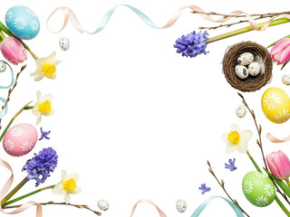 Obraz premium Beautiful easter frame with flowers and eggs isolated on transparent background