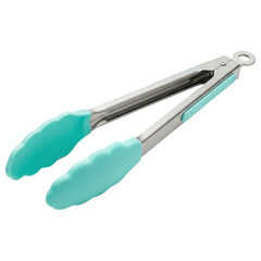 Stainless steel kitchen tongs with turquoise silicone tips on transparent background