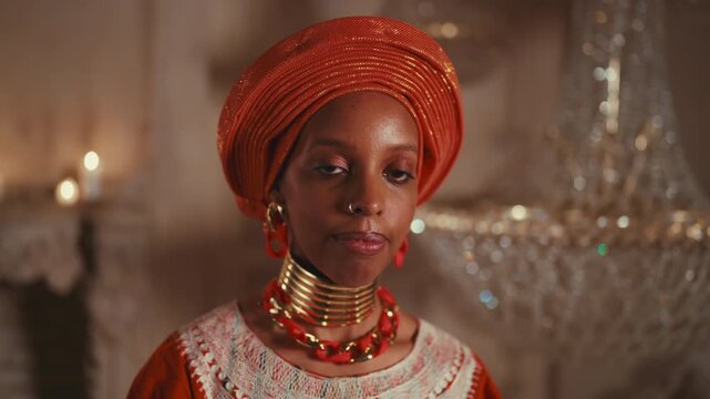 Unique modest beauty of african princess, pretty black lady in traditional gown. Diversity of female beauty and sensuality, culture and aesthetic of africa, art and folk style, rich royal palace
