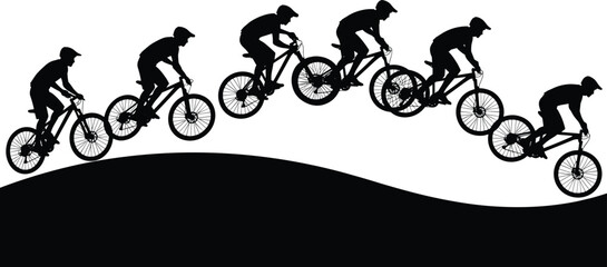 Obraz premium Cyclist silhouette vector, motion sequence, curved ramp, physics concept, kinetic energy, gravity, momentum, sport action, black illustration, dynamic movement, outdoor activity