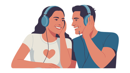 Listening to music: A couple enjoys shared musical experience, wearing headphones, immersed in the melodies.