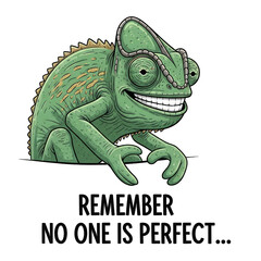 Obraz premium A cartoon green chameleon with glasses and a cheerful smile is sitting on the ground with a motivational quote about perfection