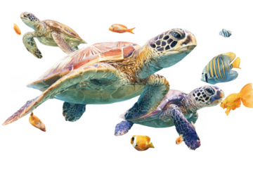 A turtle is swimming in front of a school of fish