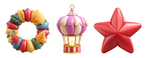 Obraz premium Colorful Carnival Icons: Festive Wreath, Hot Air Balloon, and Star Shape