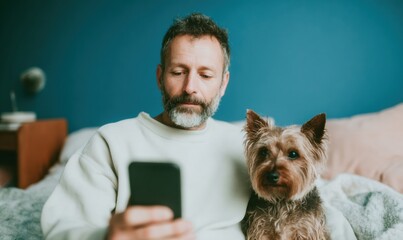 Modern Man with Dog Scheduling Vet Appointment Authentic Pet Parenting Lifestyle Content for Health and Marketing
