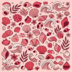 Vibrant collection of seashells, waves, and botanical elements forming a delightful marine pattern.
