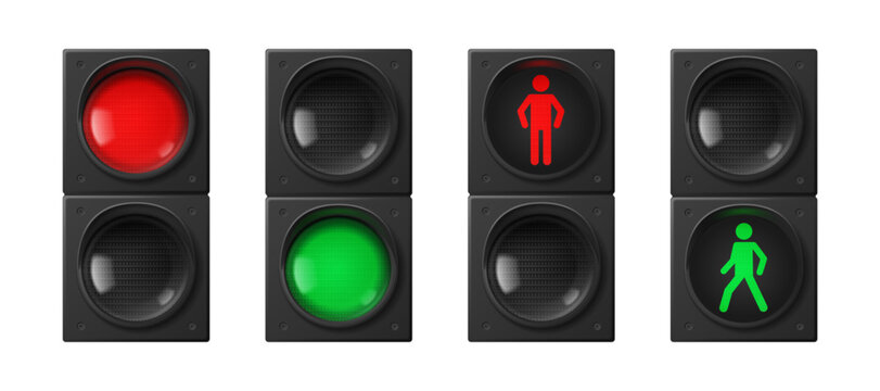 3D traffic lights set isolated on white. Vector realistic illustration of stop and go signals for pedestrians and transport, red and green semaphore lights, street safety equipment, warning stoplight