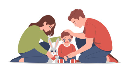 Obraz premium Support and Comfort: A tender scene depicts a concerned parent consoling a weeping child, offering solace and support during a moment of distress with stuffed animal. 