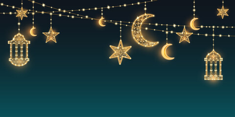 Eid Ramadan lights garland on dark blue background. Vector realistic illustration of golden crescent and star lanterns glowing in night darkness, golden lamp ornament for islamic religious poster © klyaksun