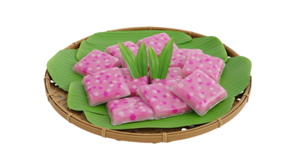 Pink Square Desserts with White and Pink Dots on Banana Leaves in Basket