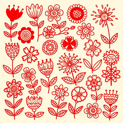 Collection of Hand-Drawn Red Flowers and Floral Elements.
