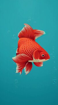 Vibrant red goldfish swimming in turquoise water against a blue background