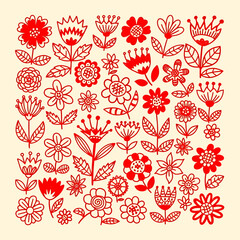 Red Floral Doodle Pattern Background Illustration.