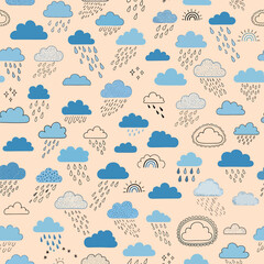 Seamless Pattern of Blue and Gray Clouds with Falling Raindrops.