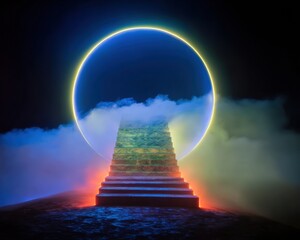 Dreamlike Abstract Staircase to Neon Archway Premium Ethereal Fantasy for Evocative Marketing Content and Tech Advertisements