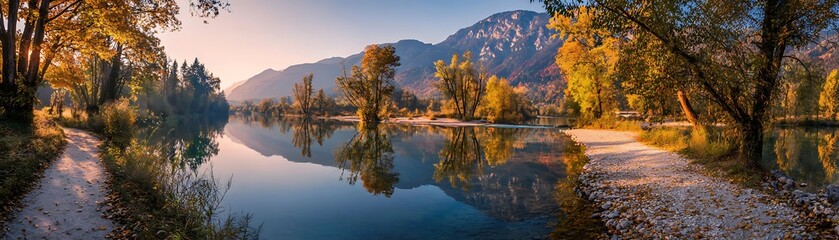 Obraz premium Tranquil autumn landscape features calm water reflecting surrounding mountains and foliage
