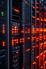 Obraz premium Close-up of a server farm with illuminated hard drives