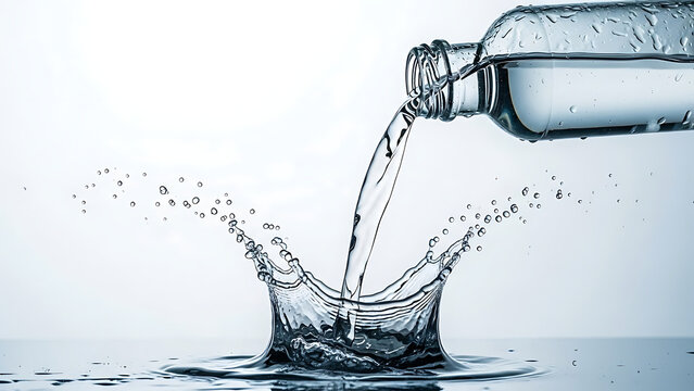 Water pouring from glass bottle creating a crown splash