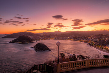 Sunset Over La Concha Bay And Santa Clara Island, San Sebastian, Spain