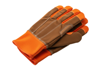 Sharp commercial isolation shot of heavy-duty safety work gloves. brown suede leather body and high-vis orange rubber components, posed diagonally on transparent background with copy space. concept of
