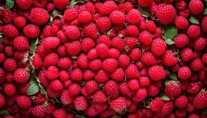 Vibrant Pile of Fresh Raspberries - A Close-Up View of Summers Bounty.