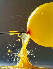 Arrow pierces yellow balloon, liquid bursts, creating splash against a gray backdrop in sharp focus