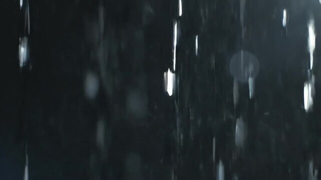 Night Rain Drops Falling in Dark Frame.