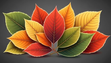 A vibrant collection of colorful leaves arranged together on a dark background