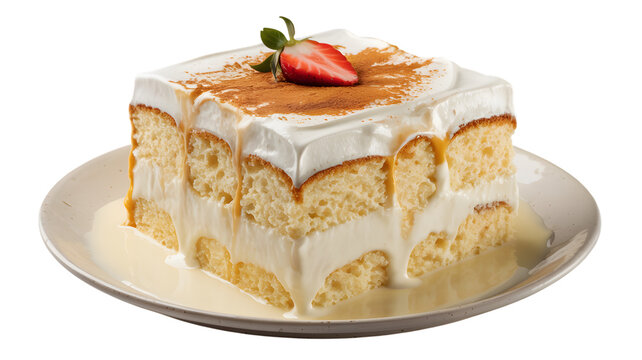 Delicious slice of tres leches cake dripping with sweet cream topping and fresh strawberry on top on transparent background