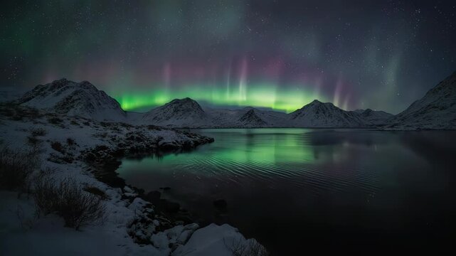 Aurora Borealis Display Over Snowy Landscape.