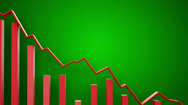 3D Stock Market Crash Animation - Declining Red Bar Chart and Line Graph on Green Background