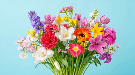 Obraz premium Vibrant Spring Bouquet of Tulips, Daffodils, and Hydrangeas on Pastel Blue Background - Symbolizing Joyful Renewal and Romantic Harmony