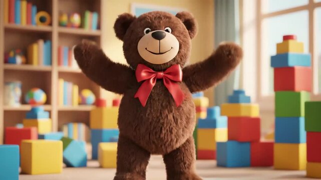 Playful Teddy Bear in Colorful Block Room Video.