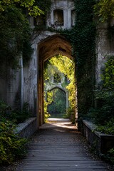 Obraz premium Overgrown ancient stone gateway opens onto a sunlit path leading toward water in a dense forest setting.