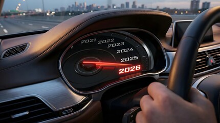 Speedometer showing the transition to 2026, futuristic dashboard with a city view