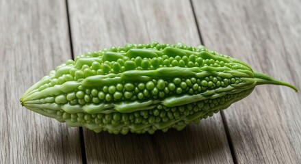 A single green bitter melon with bumpy skin resting on a light wooden surface.