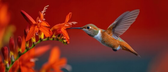 Obraz premium High-Quality Hummingbird Feeding on Vibrant Red Flowers at Sunset Authentic Nature Imagery for Marketing and Social Media