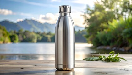 Shiny, insulated steel water bottle on a wooden surface, with lake & mountain views
