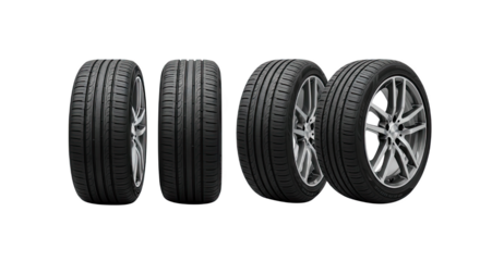 Four Black Car Tires With Silver Rims And Tread Patterns Isolated On A Transparent Background