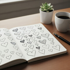 Valenstine day Heartfelt doodles in a journal with coffee and succulent nearby
