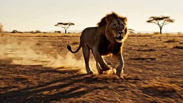 Running lion on savannah at sunset action footage.